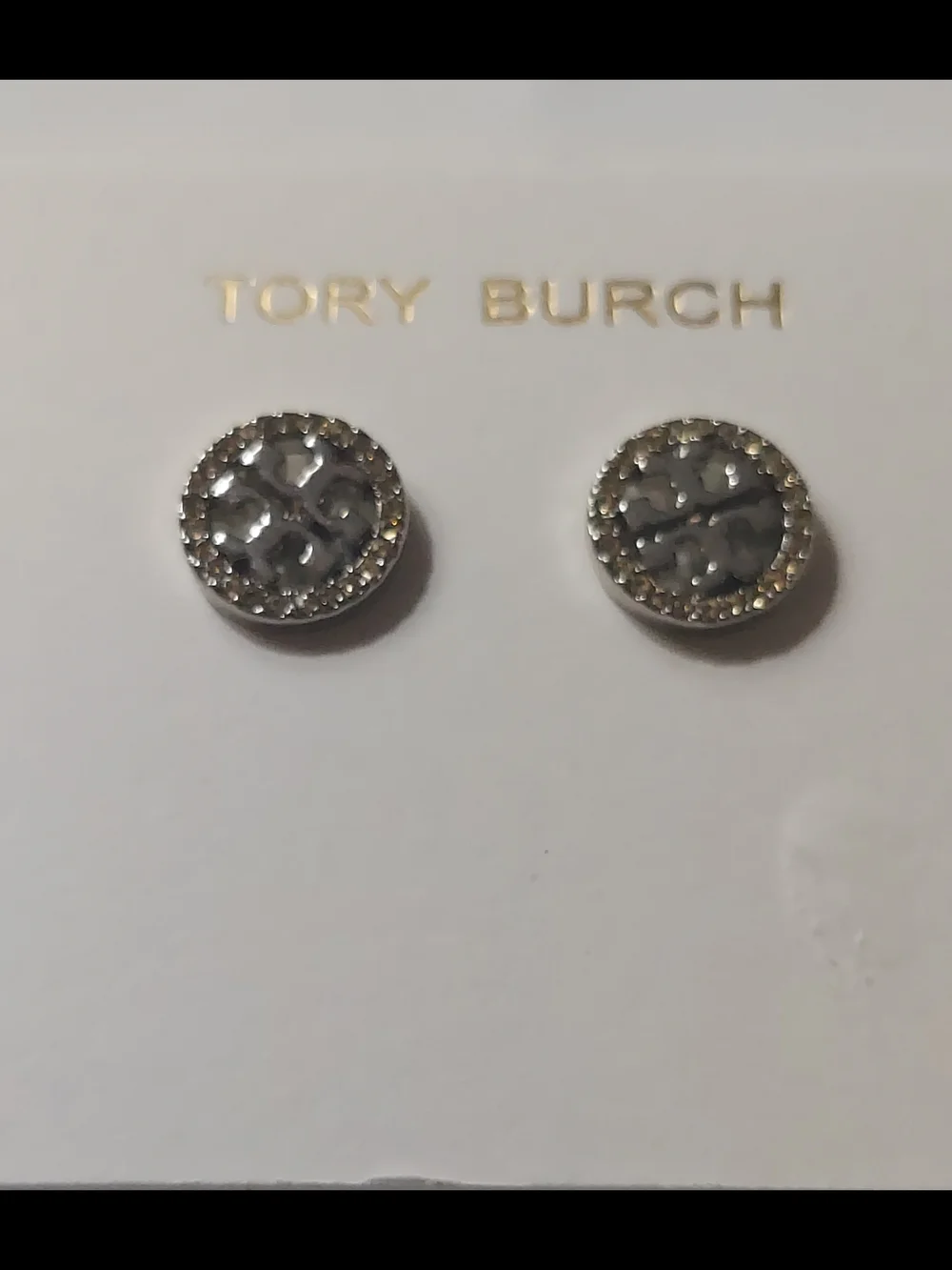 Tory Burch Silver Crystal Logo Round Stud Earrings